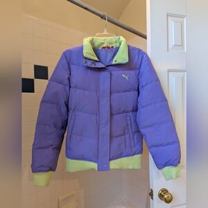 PUMA Purple Green Trim Duck Down Puffer Jacket Size L